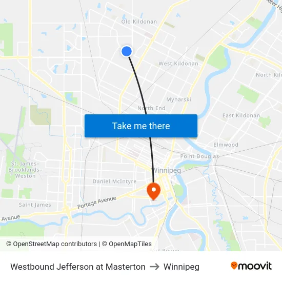 Westbound Jefferson at Masterton to Winnipeg map