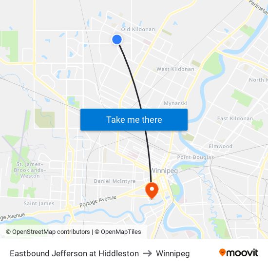 Eastbound Jefferson at Hiddleston to Winnipeg map