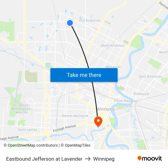 Eastbound Jefferson at Lavender to Winnipeg map