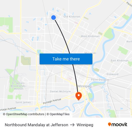 Northbound Mandalay at Jefferson to Winnipeg map