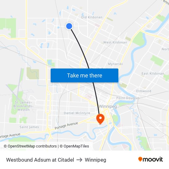 Westbound Adsum at Citadel to Winnipeg map