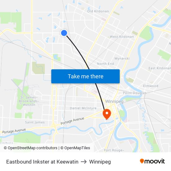 Eastbound Inkster at Keewatin to Winnipeg map