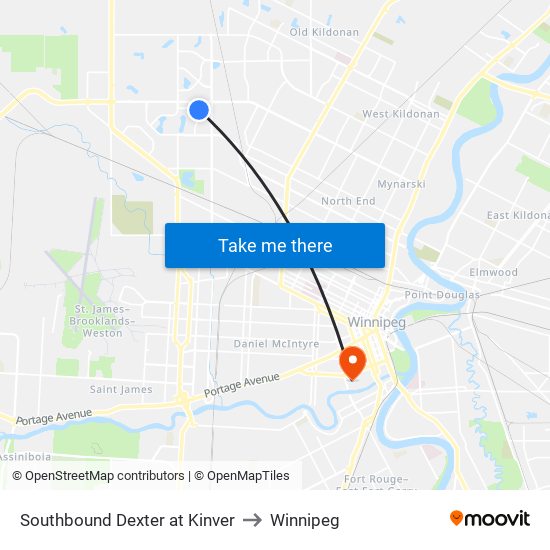 Southbound Dexter at Kinver to Winnipeg map