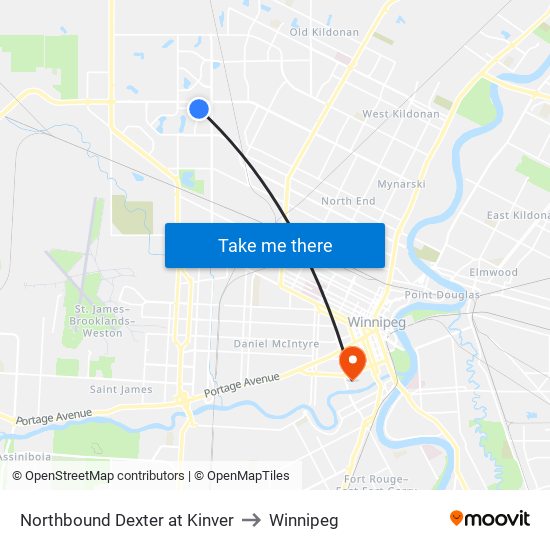 Northbound Dexter at Kinver to Winnipeg map