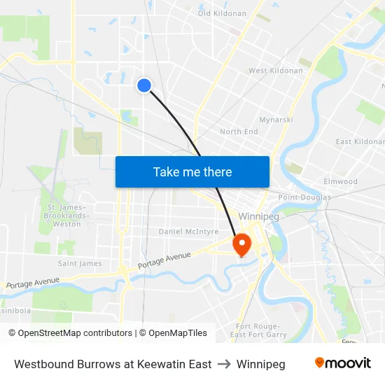 Westbound Burrows at Keewatin East to Winnipeg map