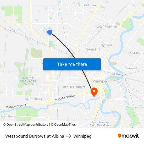 Westbound Burrows at Albina to Winnipeg map