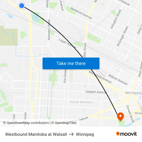 Westbound Manitoba at Walsall to Winnipeg map