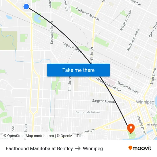 Eastbound Manitoba at Bentley to Winnipeg map