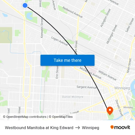 Westbound Manitoba at King Edward to Winnipeg map