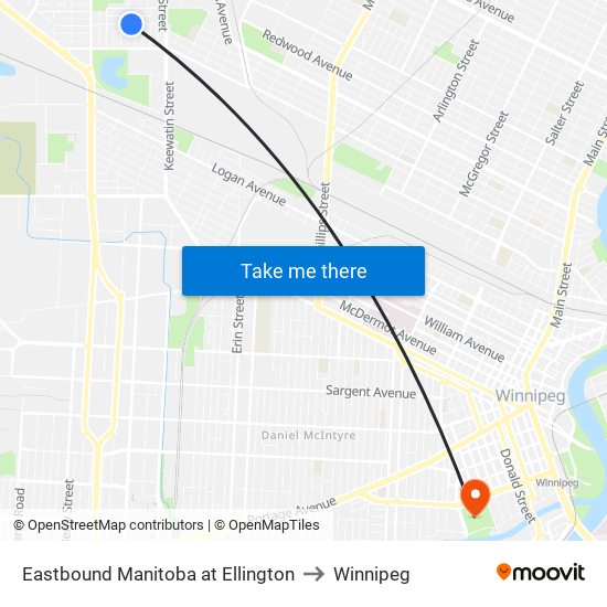 Eastbound Manitoba at Ellington to Winnipeg map