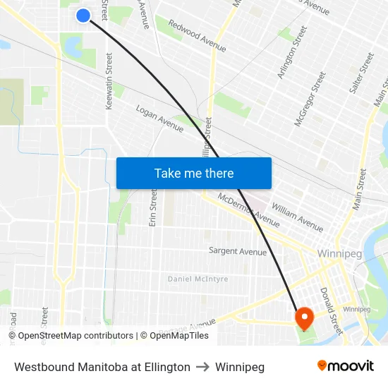 Westbound Manitoba at Ellington to Winnipeg map