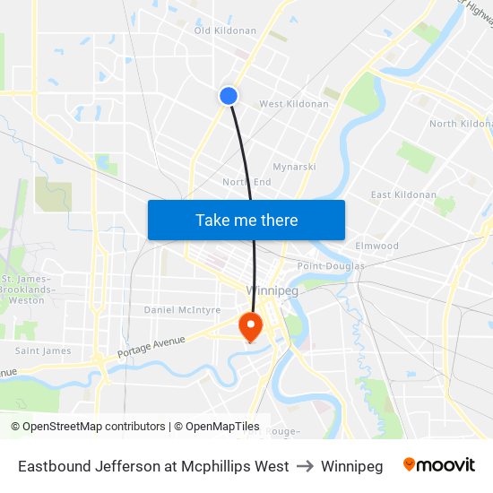 Eastbound Jefferson at Mcphillips West to Winnipeg map