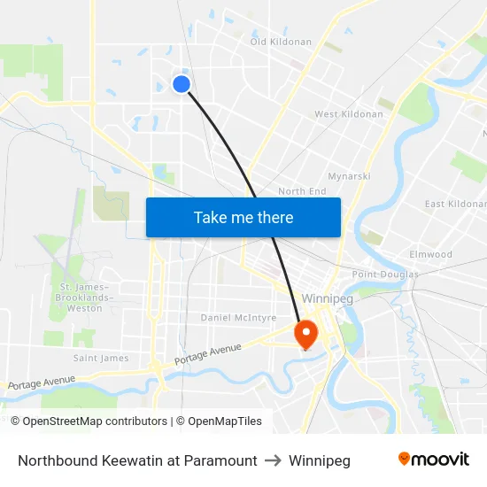 Northbound Keewatin at Paramount to Winnipeg map