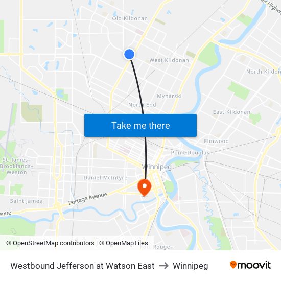 Westbound Jefferson at Watson East to Winnipeg map