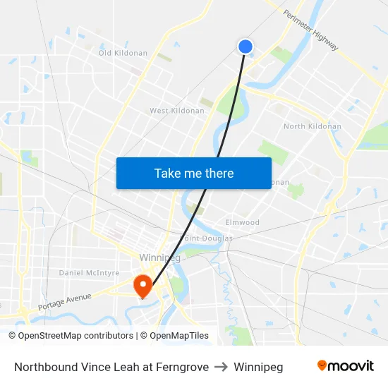 Northbound Vince Leah at Ferngrove to Winnipeg map