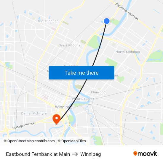 Eastbound Fernbank at Main to Winnipeg map