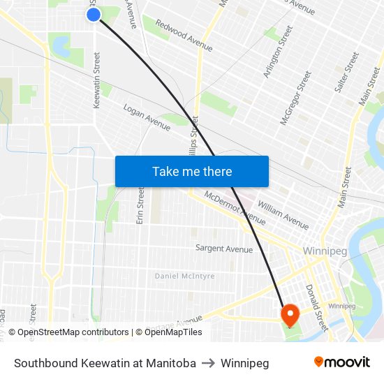 Southbound Keewatin at Manitoba to Winnipeg map