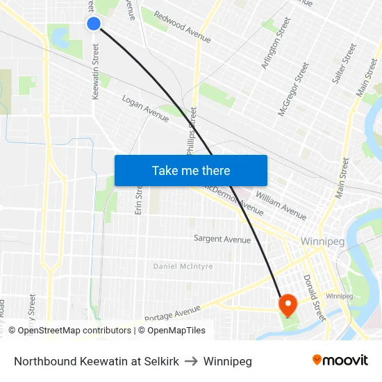 Northbound Keewatin at Selkirk to Winnipeg map
