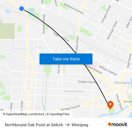 Northbound Oak Point at Selkirk to Winnipeg map