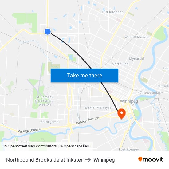 Northbound Brookside at Inkster to Winnipeg map