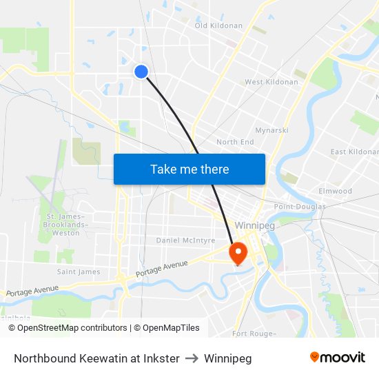 Northbound Keewatin at Inkster to Winnipeg map