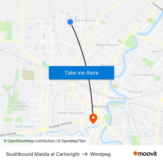 Southbound Manila at Cartwright to Winnipeg map