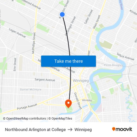 Northbound Arlington at College to Winnipeg map
