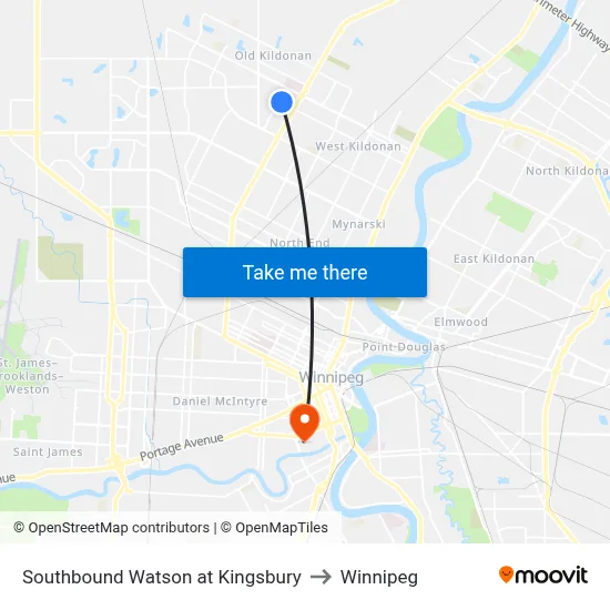 Southbound Watson at Kingsbury to Winnipeg map