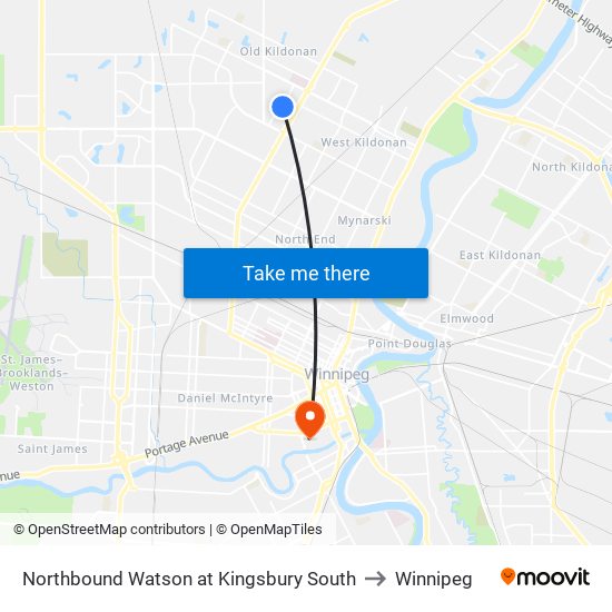 Northbound Watson at Kingsbury South to Winnipeg map