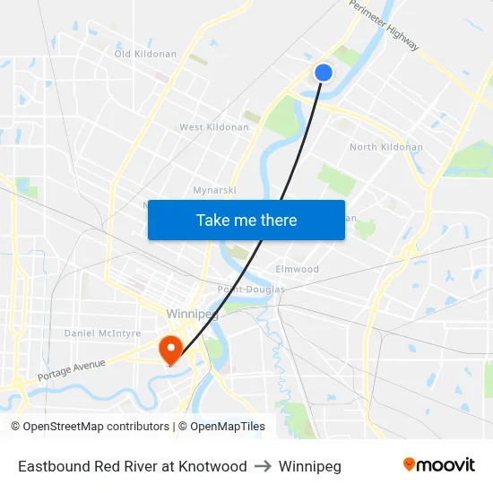 Eastbound Red River at Knotwood to Winnipeg map