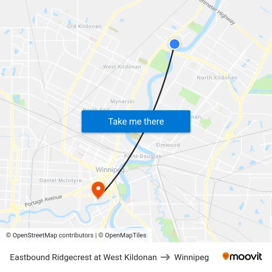 Eastbound Ridgecrest at West Kildonan to Winnipeg map