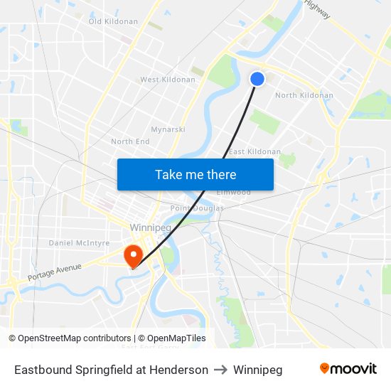 Eastbound Springfield at Henderson to Winnipeg map