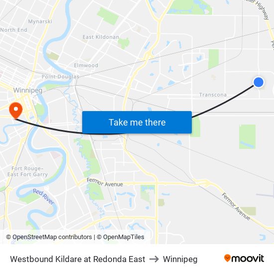 Westbound Kildare at Redonda East to Winnipeg map