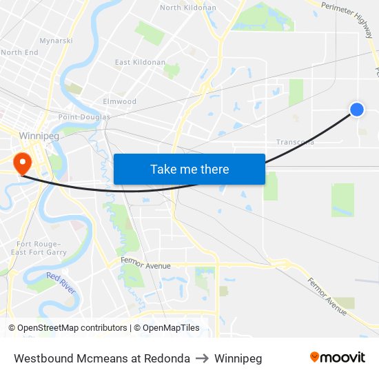 Westbound Mcmeans at Redonda to Winnipeg map