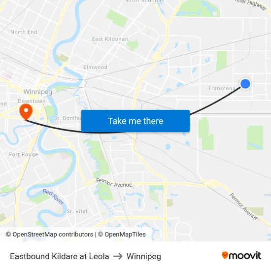 Eastbound Kildare at Leola to Winnipeg map