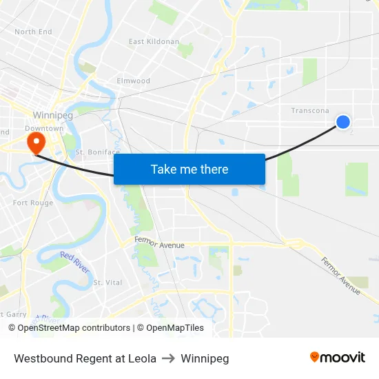 Westbound Regent at Leola to Winnipeg map