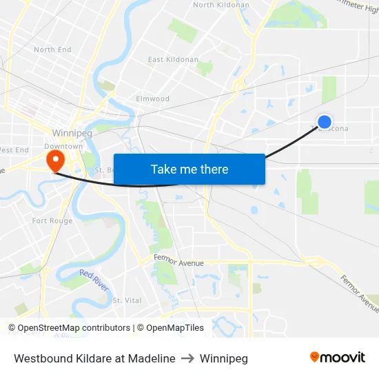 Westbound Kildare at Madeline to Winnipeg map