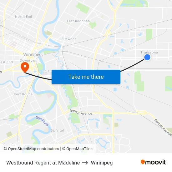 Westbound Regent at Madeline to Winnipeg map