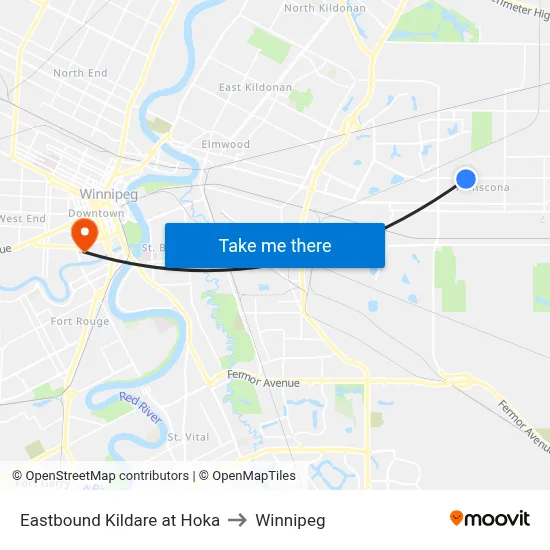 Eastbound Kildare at Hoka to Winnipeg map