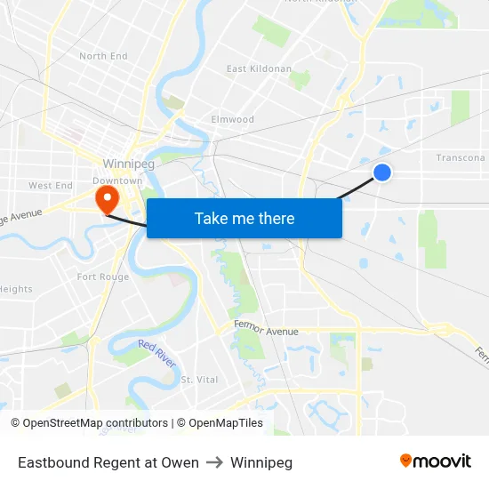 Eastbound Regent at Owen to Winnipeg map