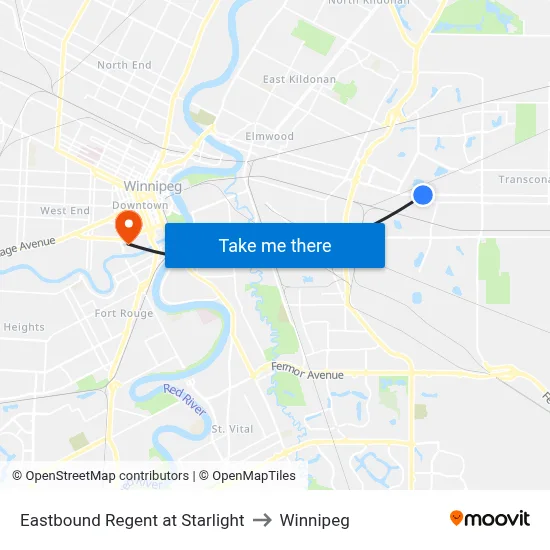 Eastbound Regent at Starlight to Winnipeg map