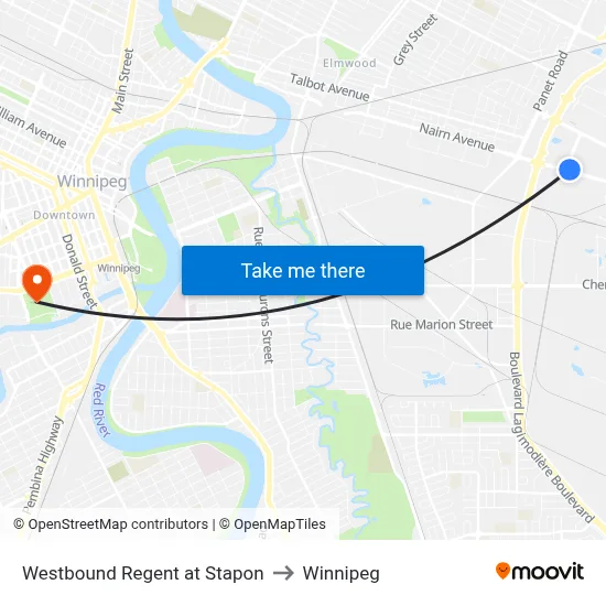 Westbound Regent at Stapon to Winnipeg map