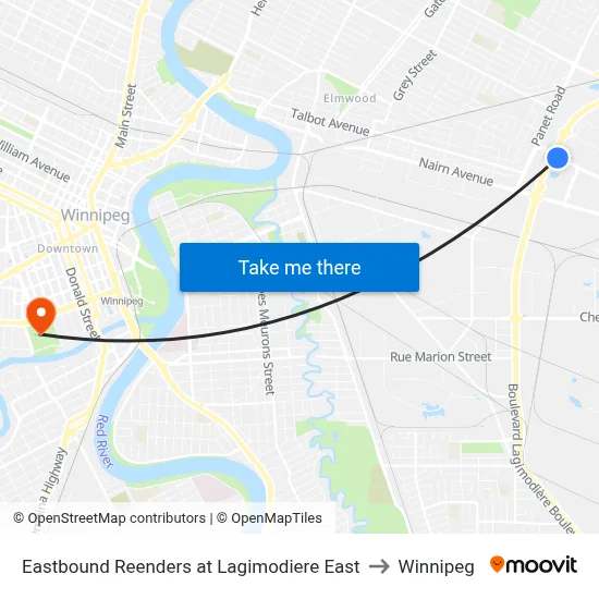 Eastbound Reenders at Lagimodiere East to Winnipeg map