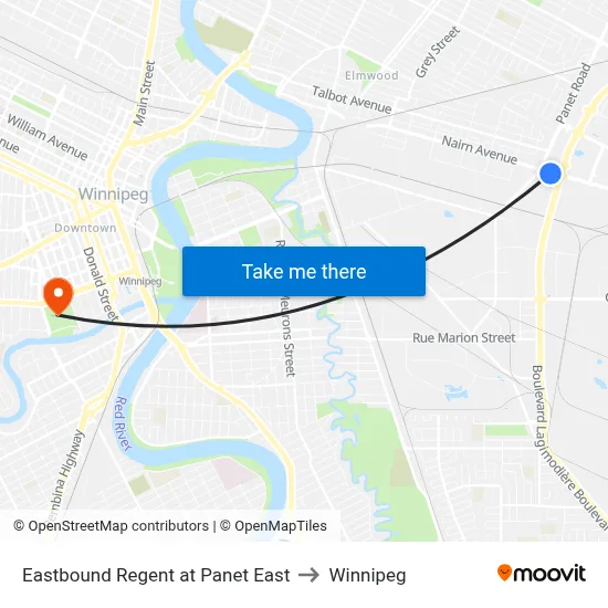 Eastbound Regent at Panet East to Winnipeg map