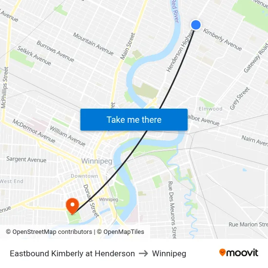 Eastbound Kimberly at Henderson to Winnipeg map