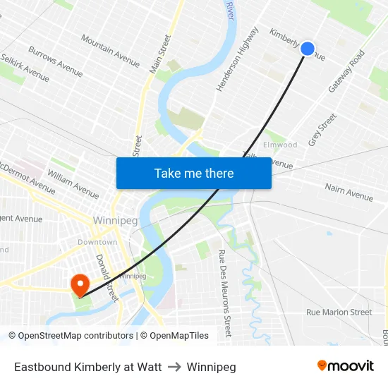 Eastbound Kimberly at Watt to Winnipeg map