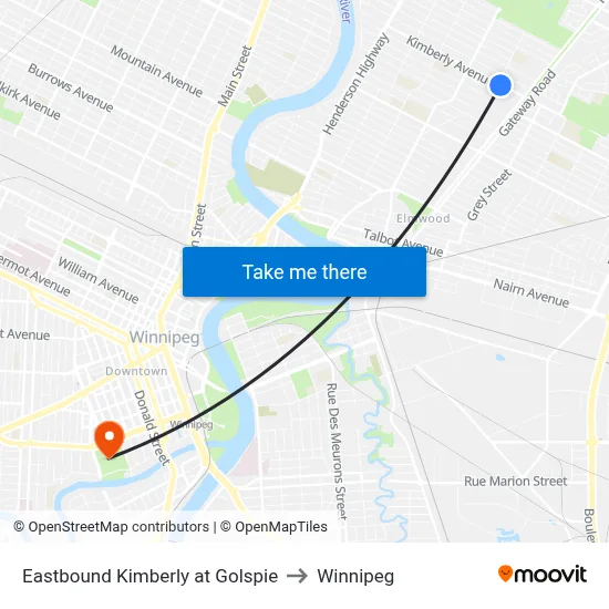 Eastbound Kimberly at Golspie to Winnipeg map