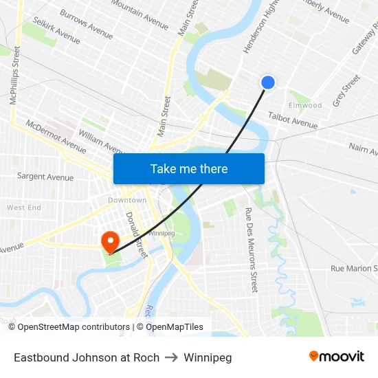 Eastbound Johnson at Roch to Winnipeg map