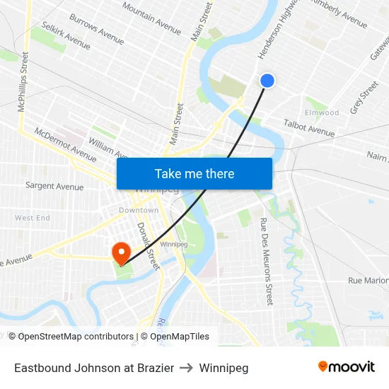Eastbound Johnson at Brazier to Winnipeg map