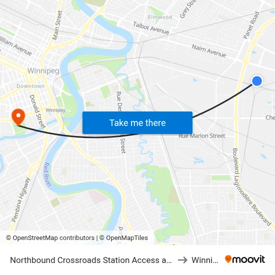 Northbound Crossroads Station Access at Wal-Mart to Winnipeg map